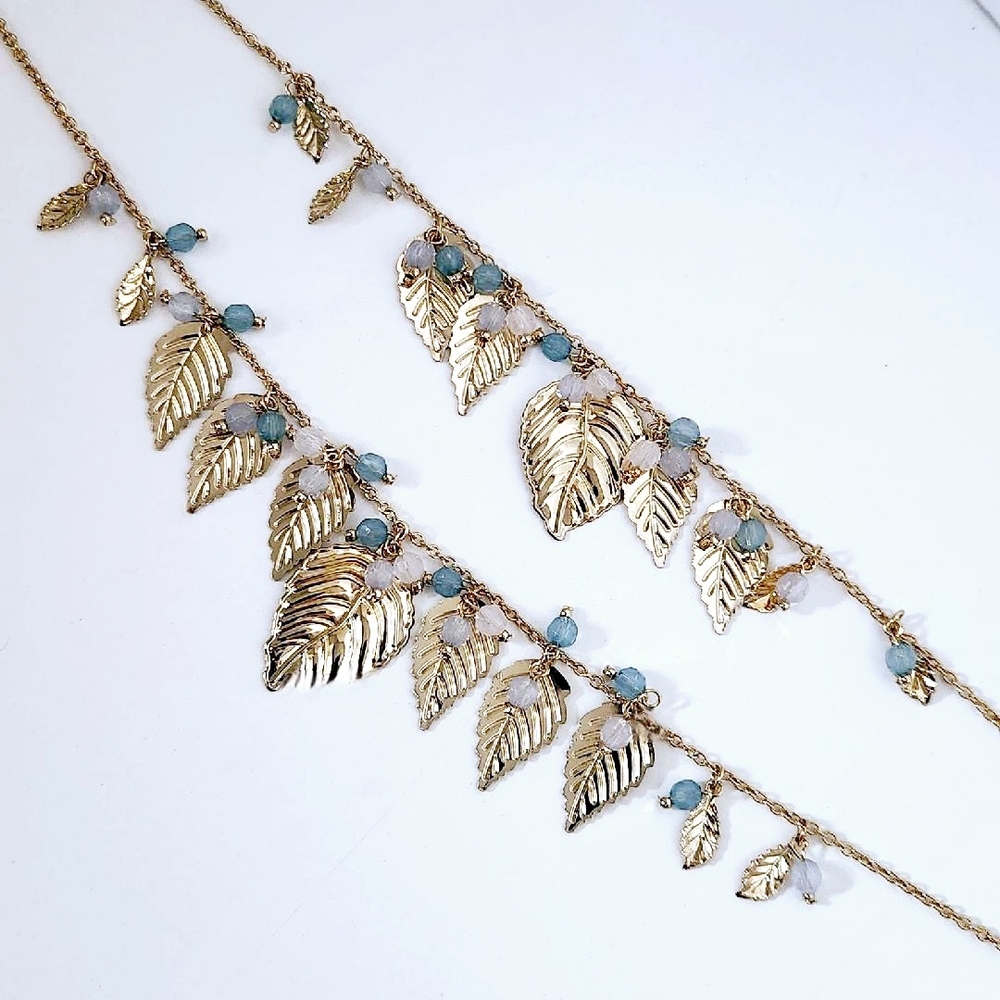 Double Row Leaf Necklace with Teal Bead Accents